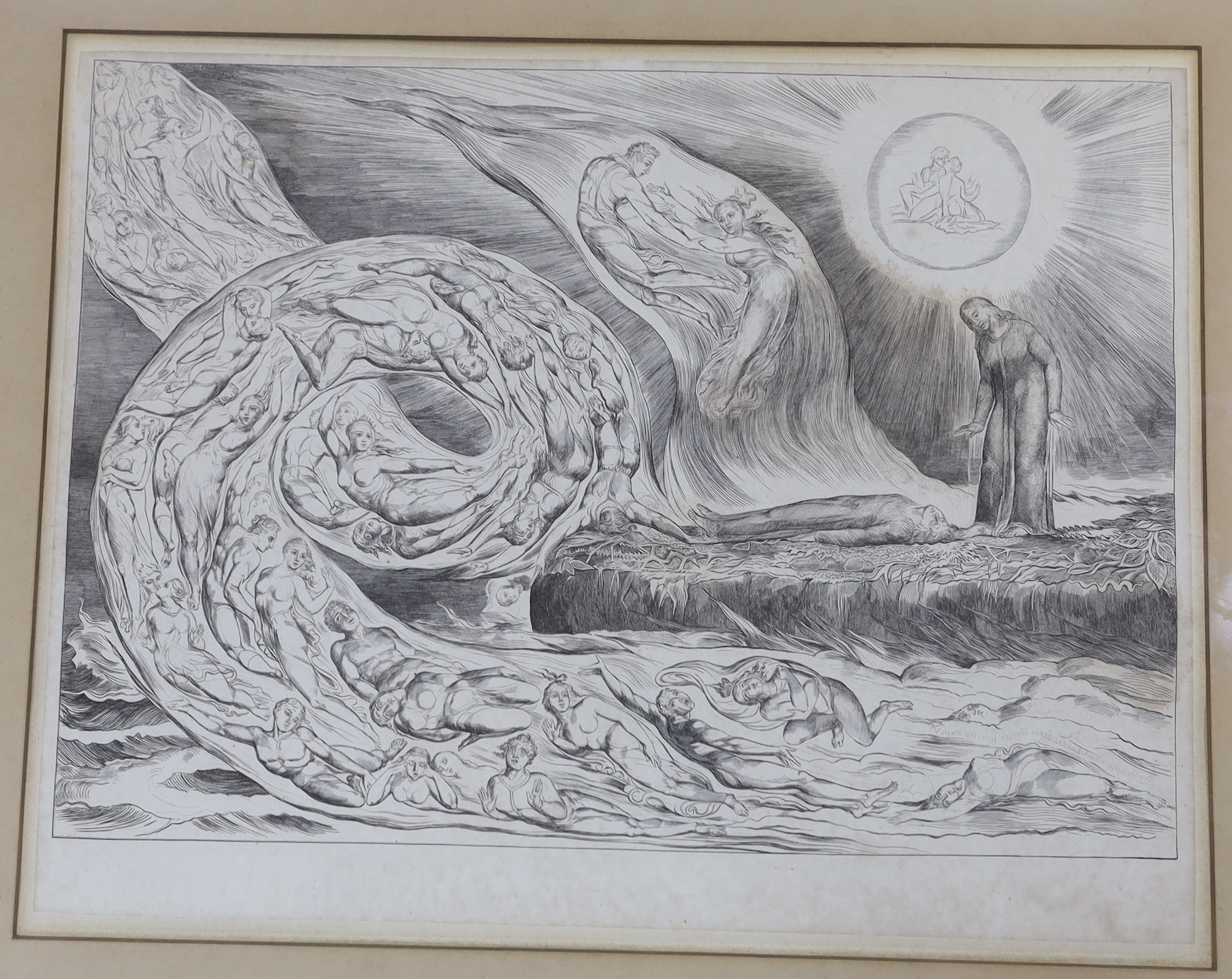 After William Blake (1757-1827), three engravings, comprising The Circle of the Lustful Paolo and Francesca, Devils mauling each other and Buoso Donati Attacked by the Serpent, one inscribed in pencil to the mount, 29 x